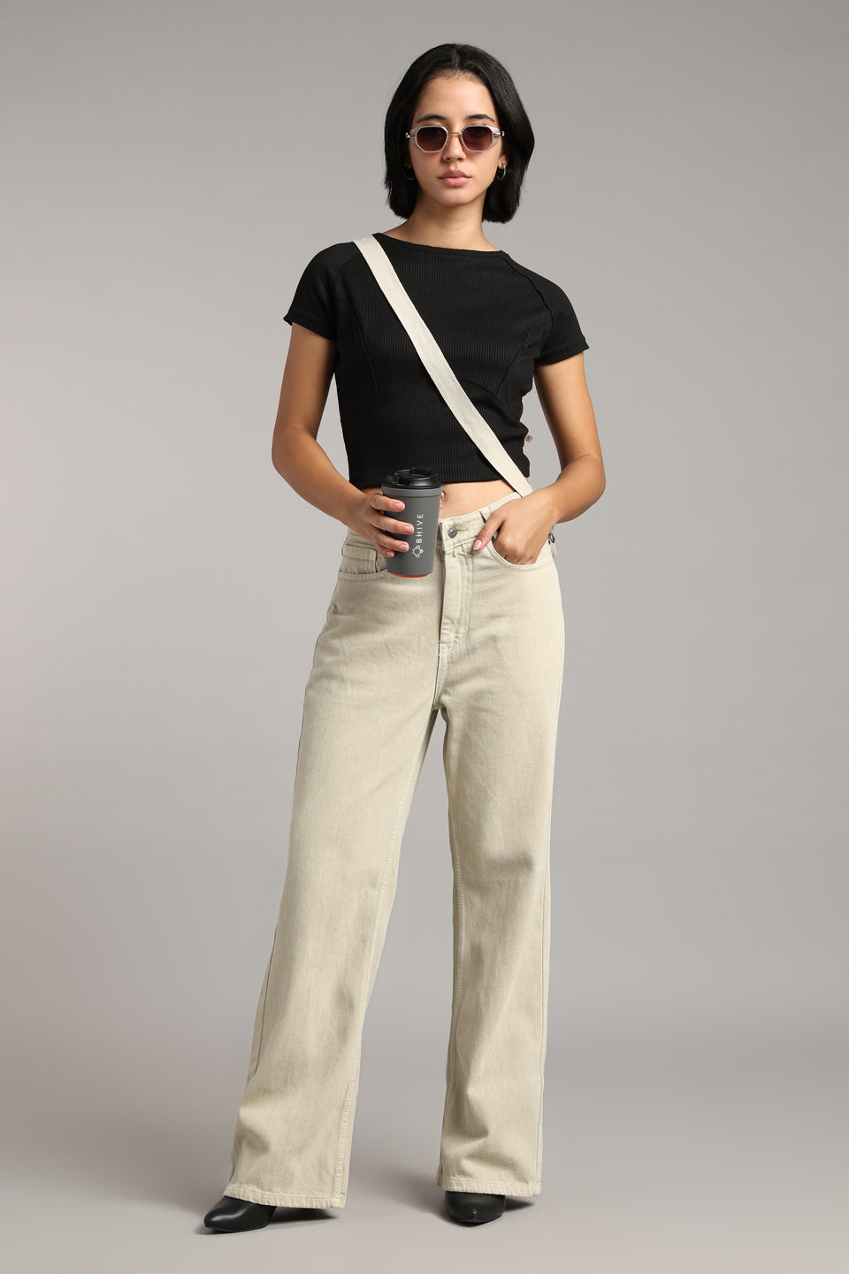 Women's Ecru Beige Wide Leg Jeans