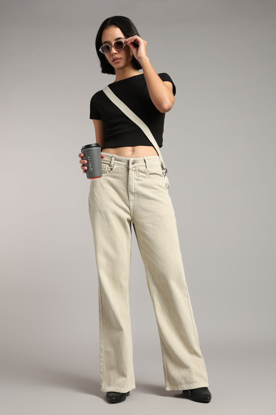 Women's Ecru Beige Wide Leg Jeans