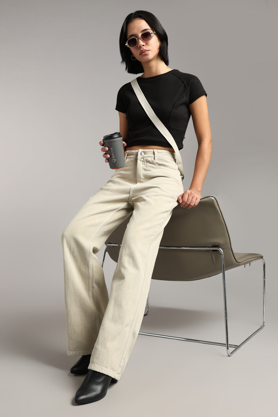 Women's Ecru Beige Wide Leg Jeans