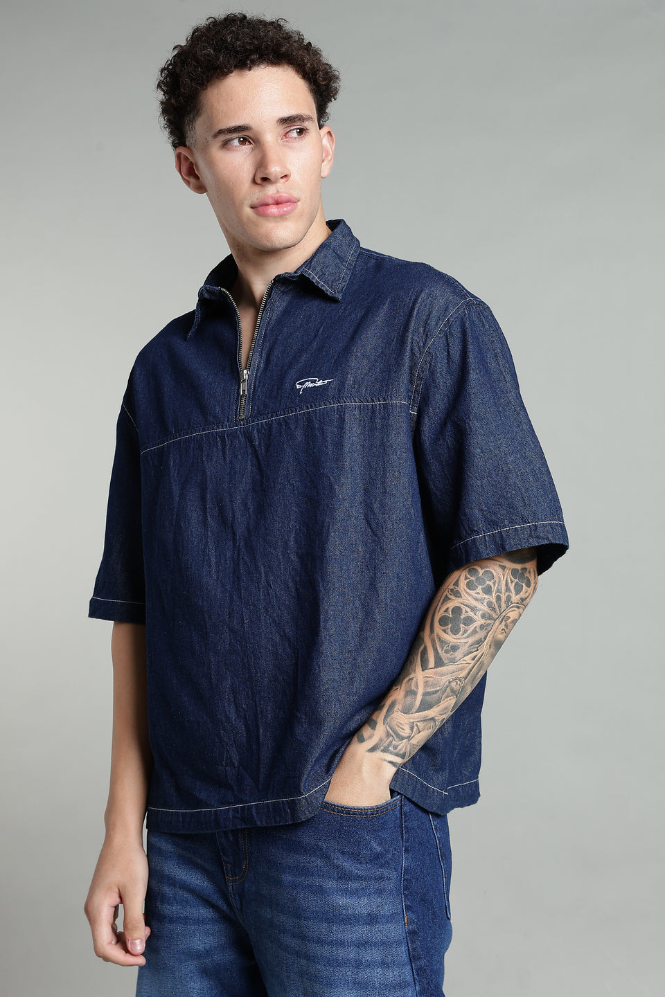 Boxy Fit Zipper Shirt | Dark Blue