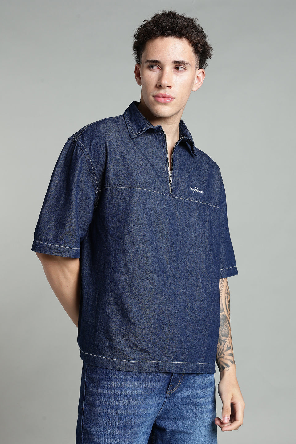 Boxy Fit Zipper Shirt | Dark Blue