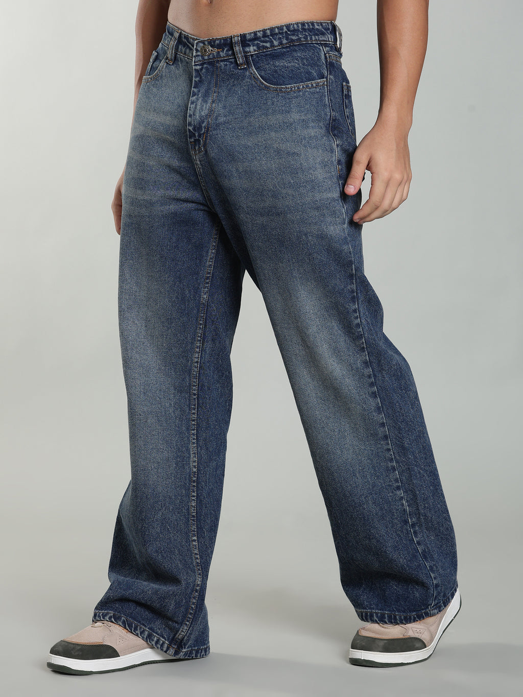 Dark Blue Washed Wide Leg Jeans