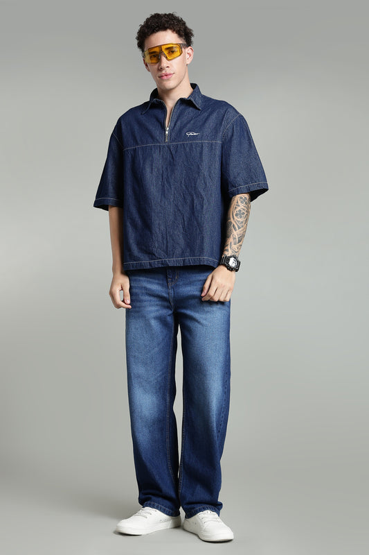 Boxy Fit Zipper Shirt | Dark Blue