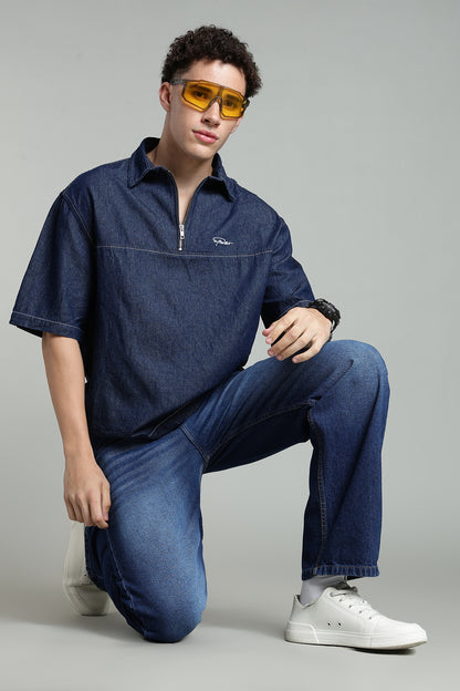 Boxy Fit Zipper Shirt | Dark Blue