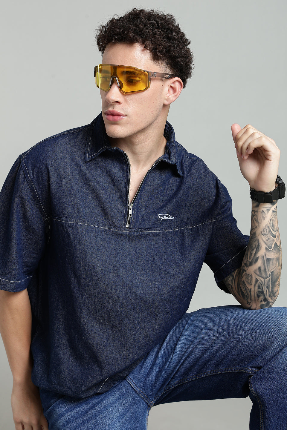 Boxy Fit Zipper Shirt | Dark Blue