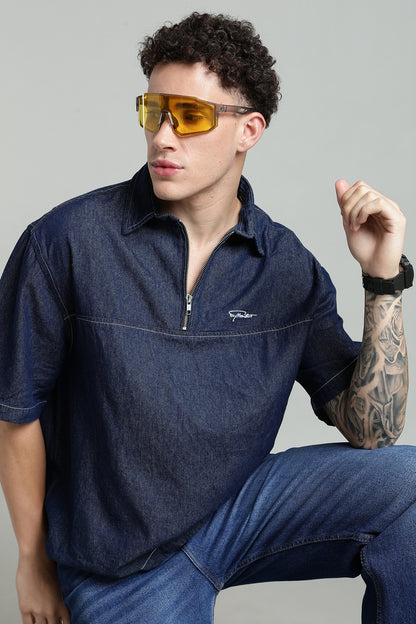Boxy Fit Zipper Shirt | Dark Blue