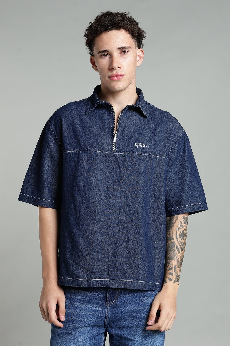 Boxy Fit Zipper Shirt | Dark Blue
