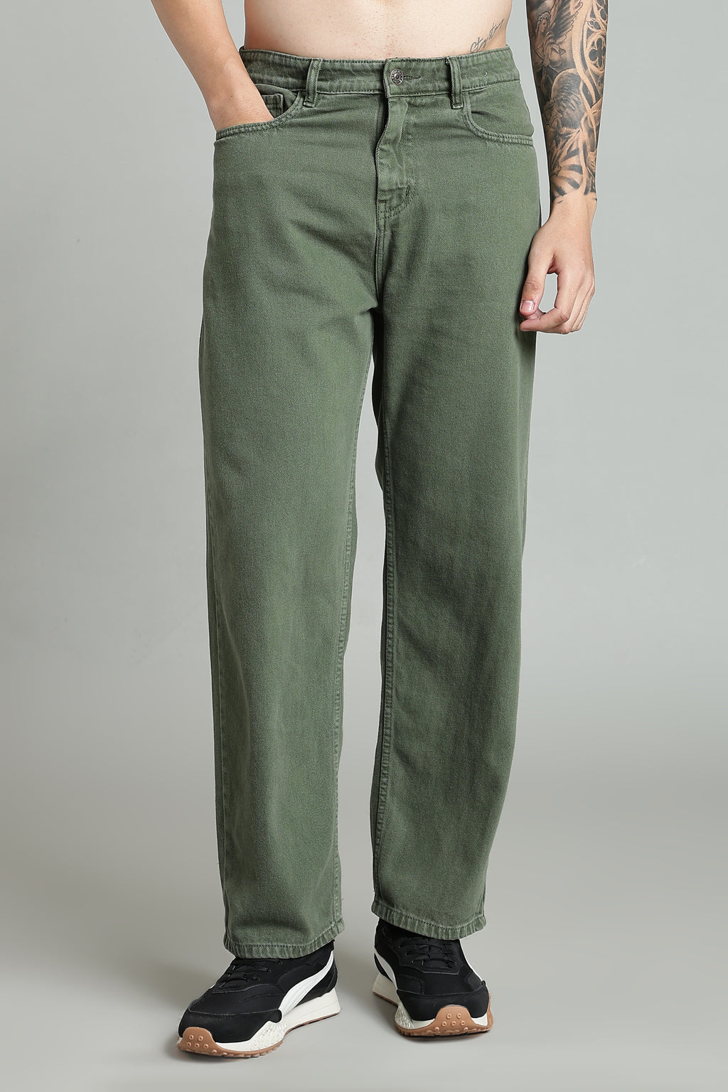 Plain Baggy Olive Green Jeans