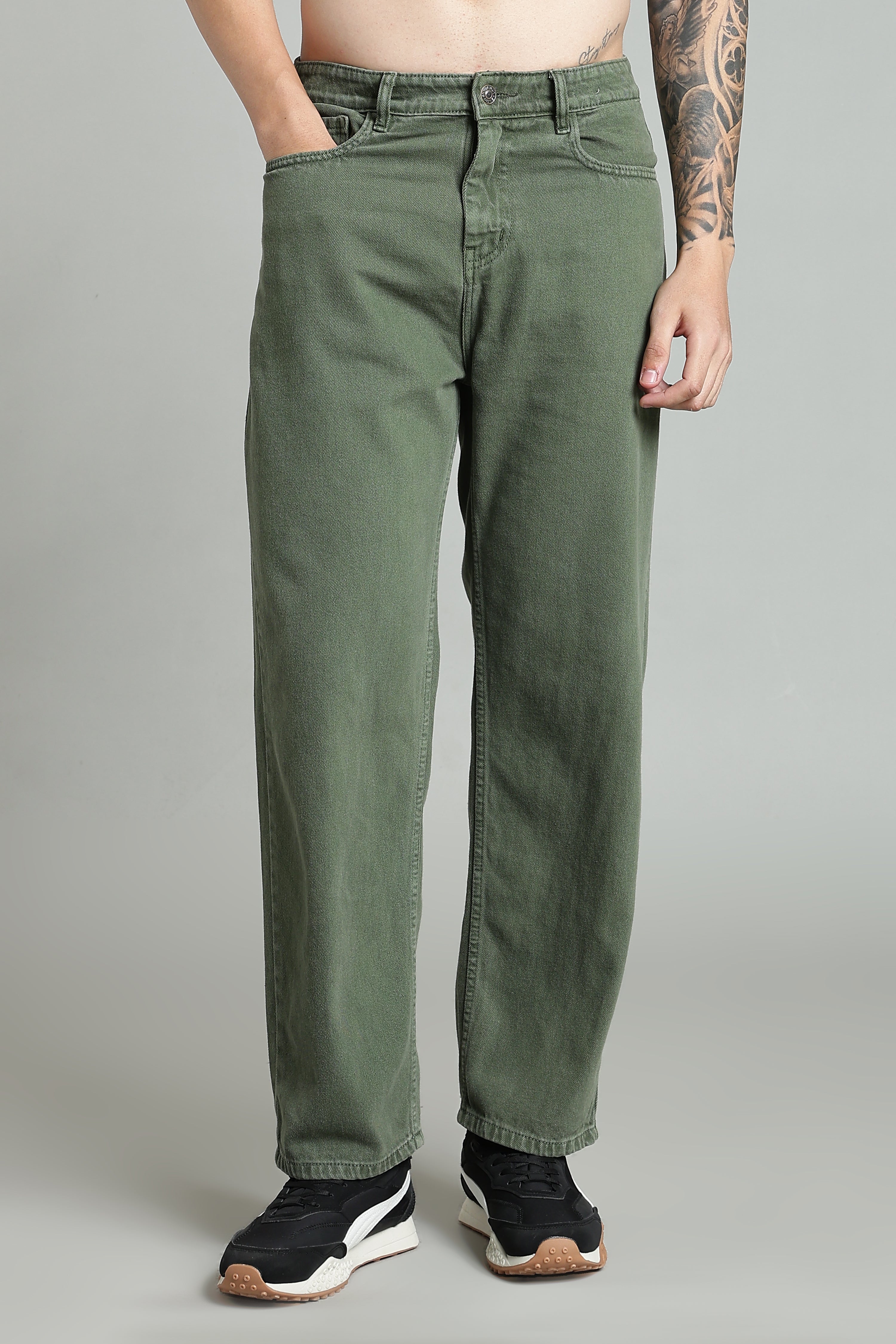 Plain Baggy Olive Green Jeans