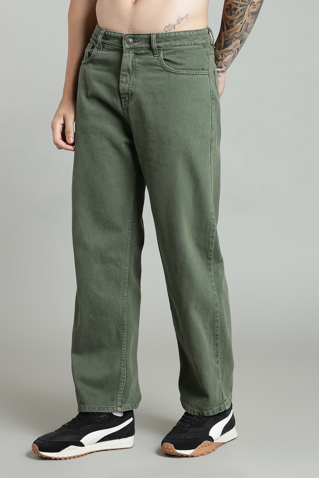 Plain Baggy Olive Green Jeans