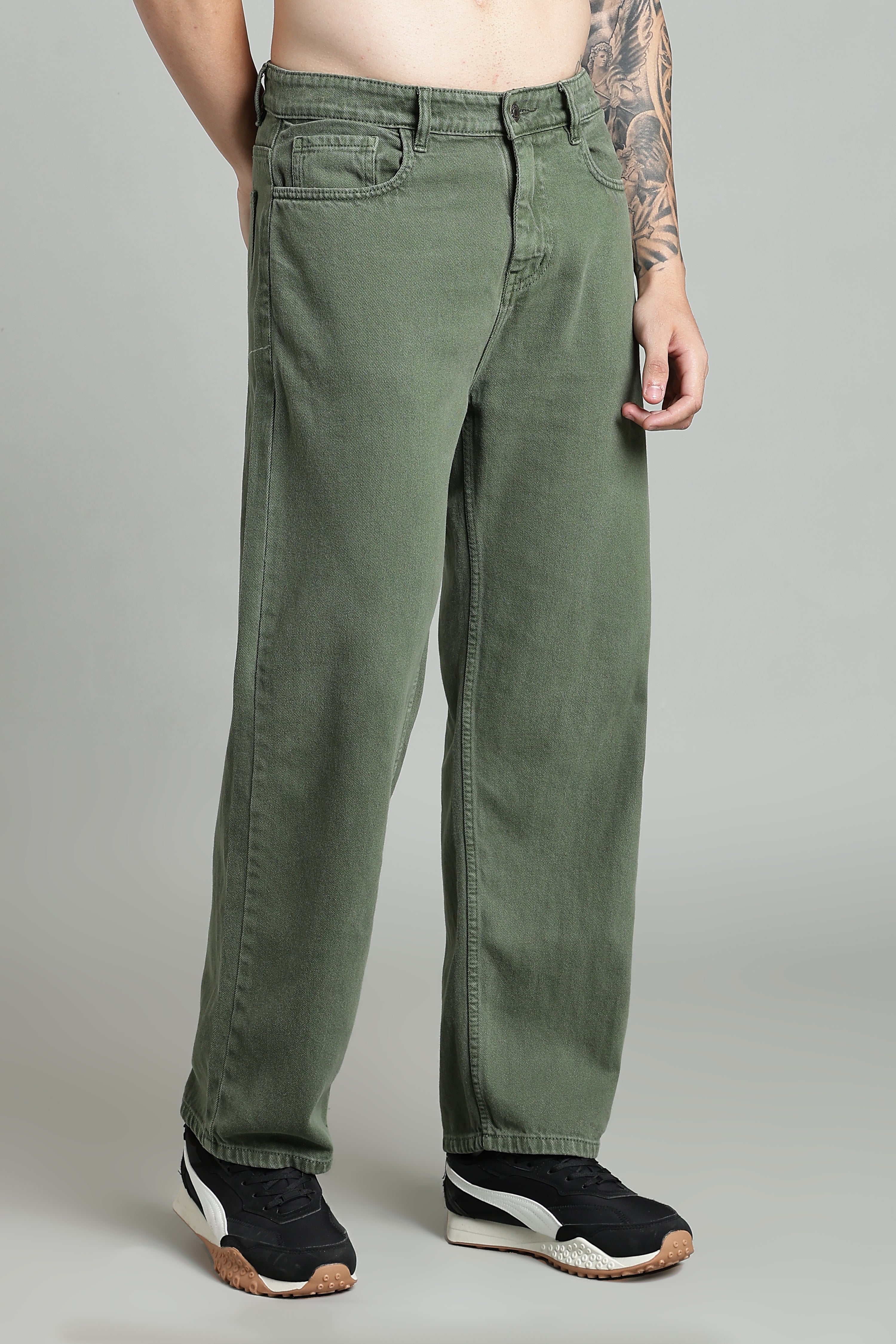 Plain Baggy Olive Green Jeans