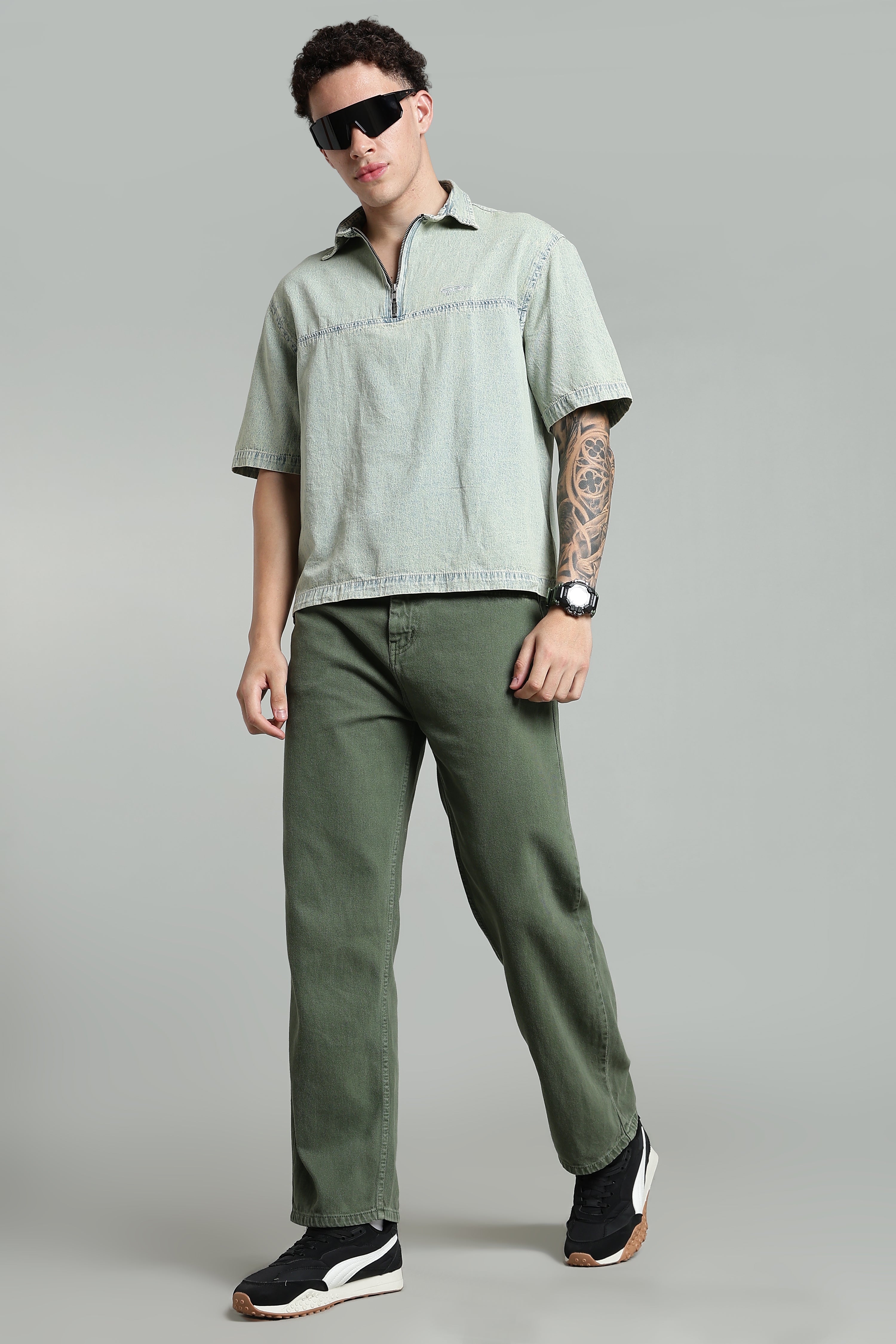Plain Baggy Olive Green Jeans