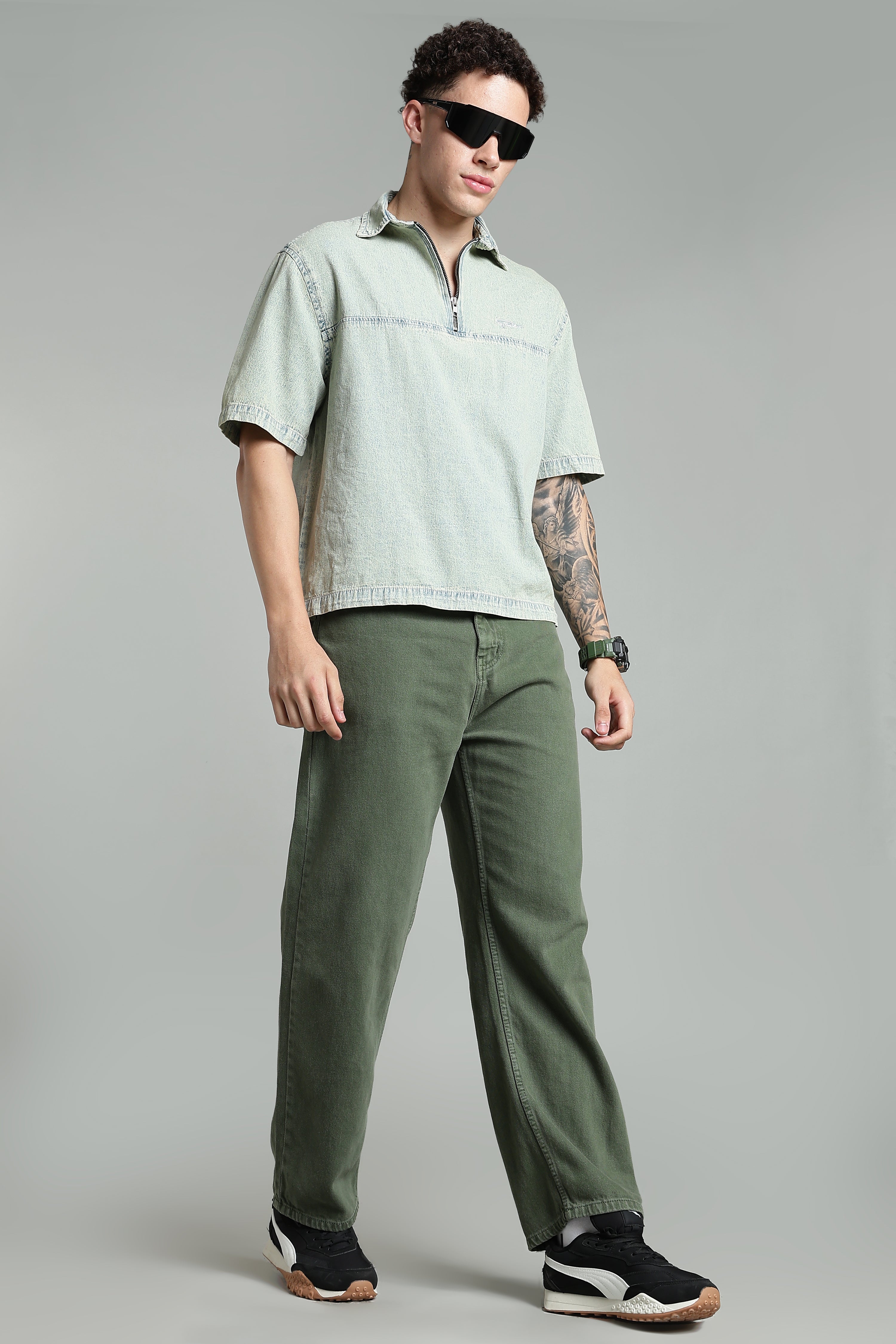 Plain Baggy Olive Green Jeans
