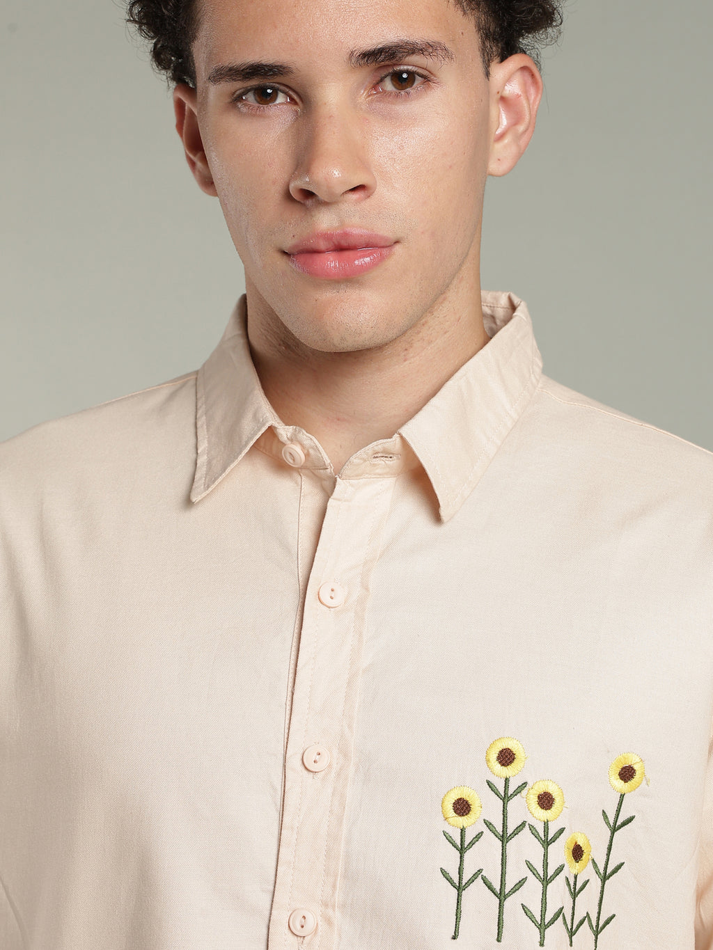 Peach Relaxed Fit Floral Embroidered Shirt