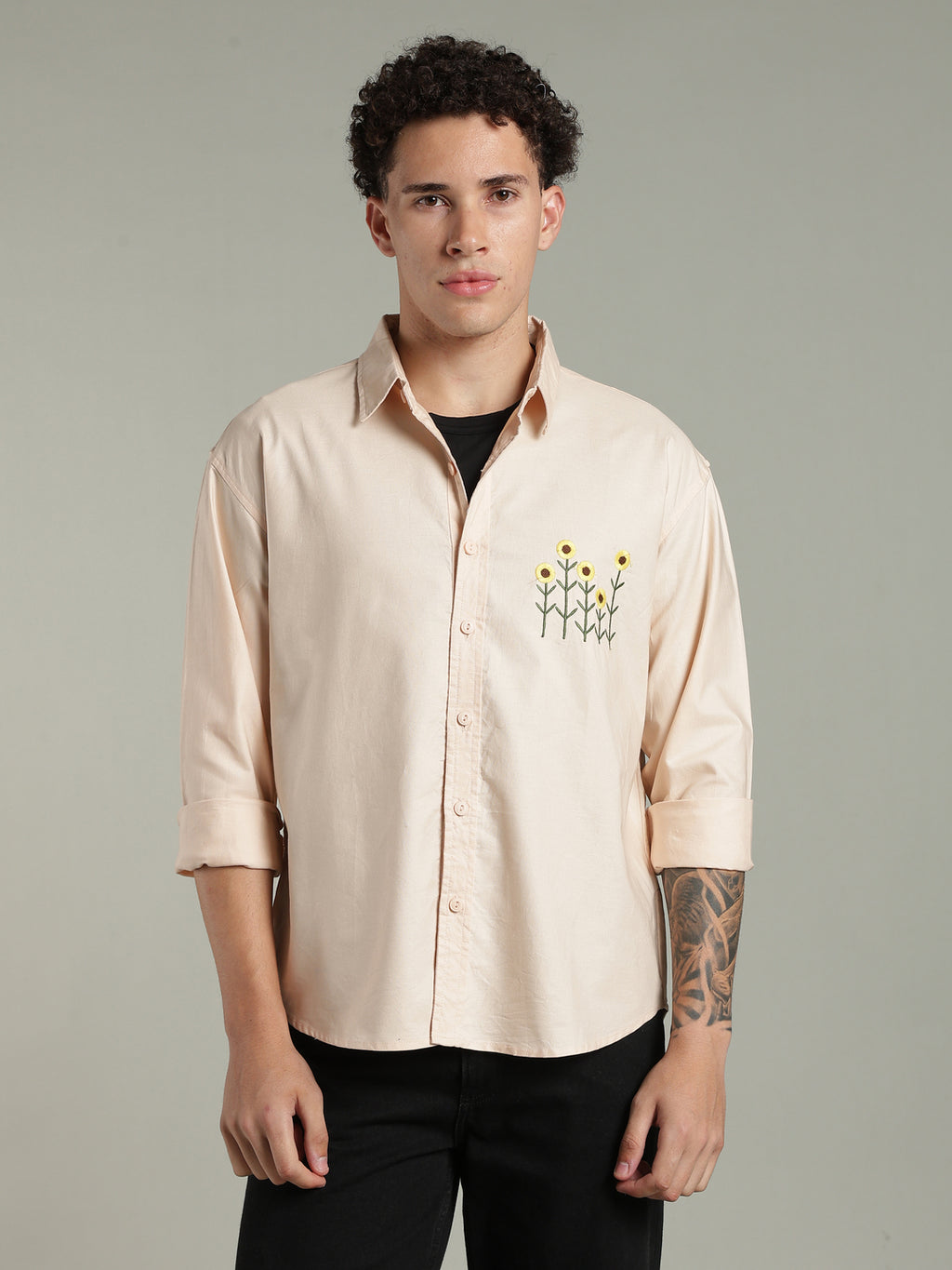 Peach Relaxed Fit Floral Embroidered Shirt