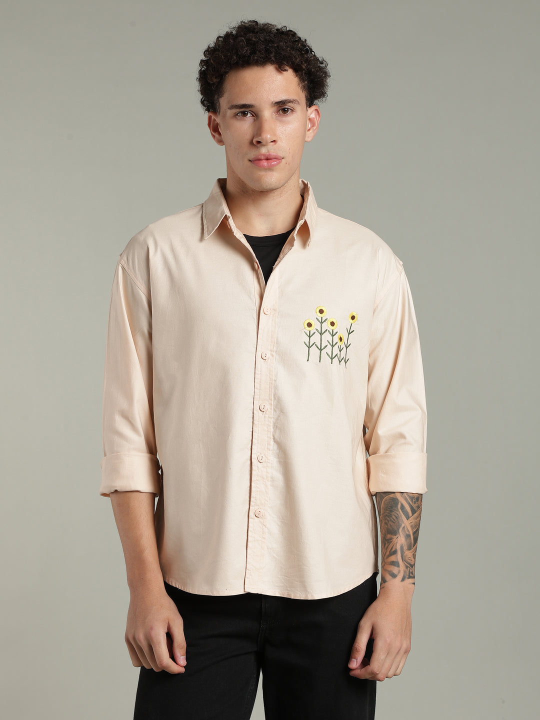 Peach Relaxed Fit Floral Embroidered Shirt