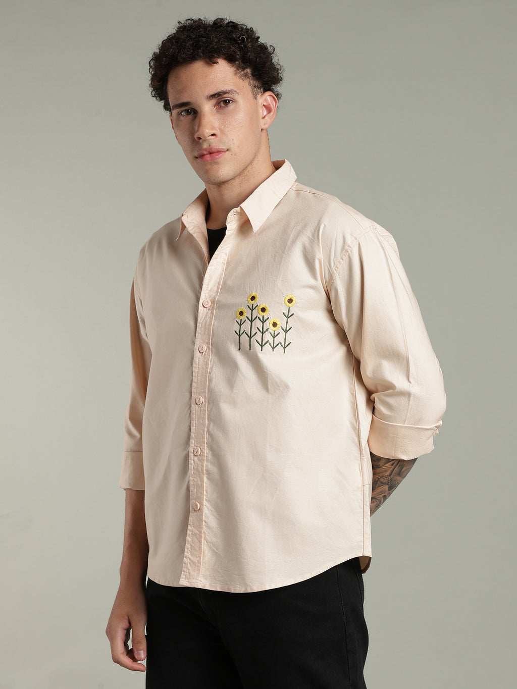 Peach Relaxed Fit Floral Embroidered Shirt