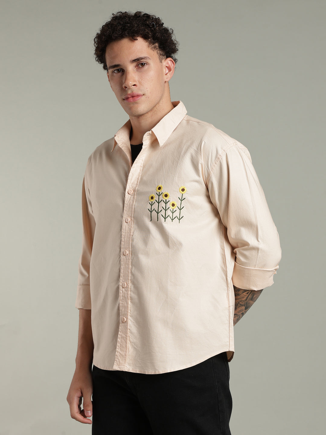 Peach Relaxed Fit Floral Embroidered Shirt