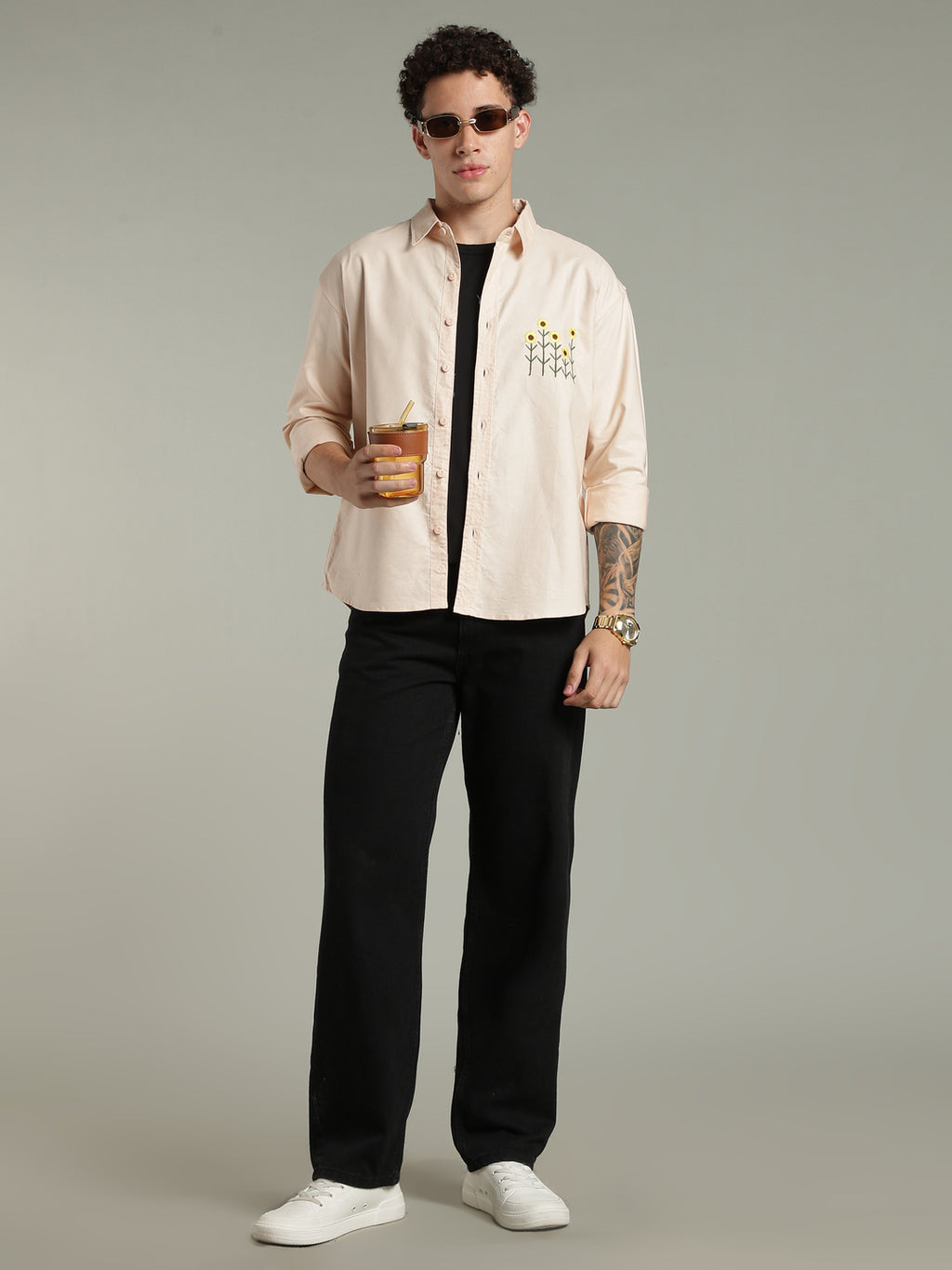 Peach Relaxed Fit Floral Embroidered Shirt
