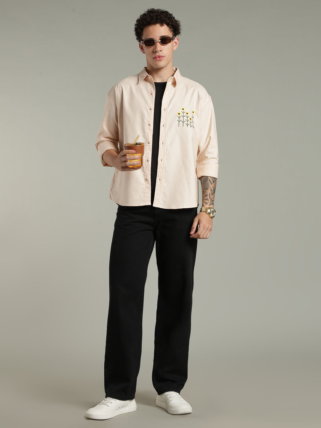 Peach Relaxed Fit Floral Embroidered Shirt