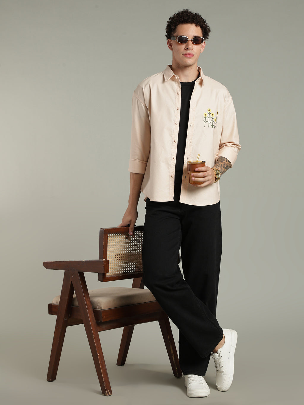 Peach Relaxed Fit Floral Embroidered Shirt