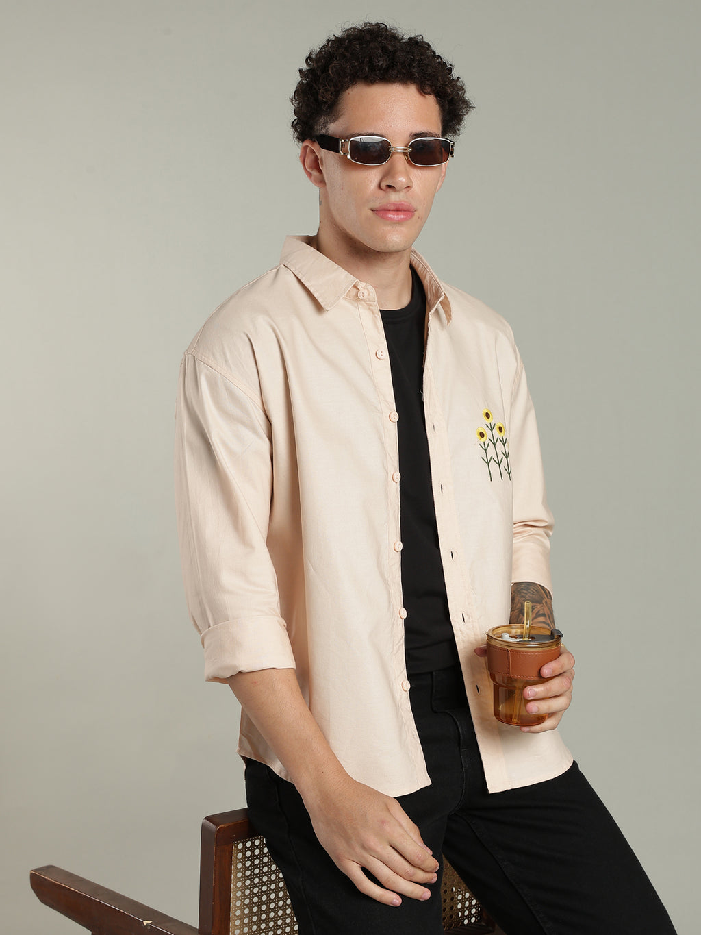 Peach Relaxed Fit Floral Embroidered Shirt