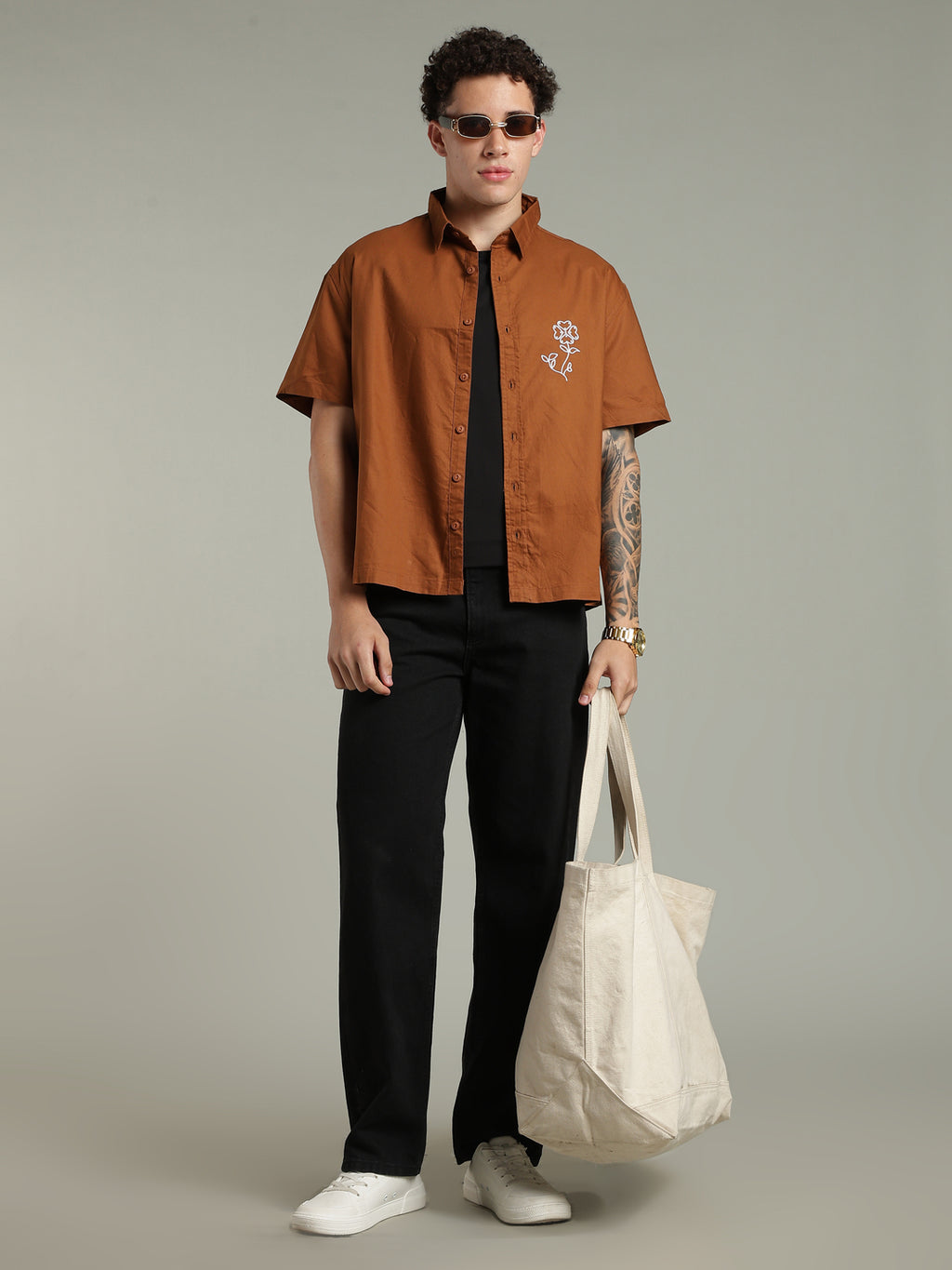 Brown Boxy Fit Floral Embroidered Shirt
