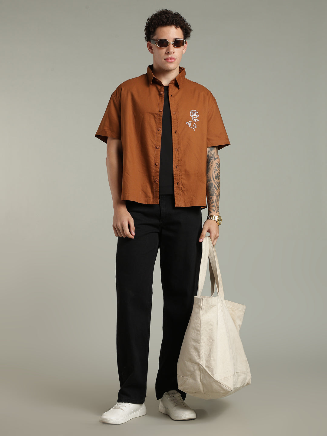 Brown Boxy Fit Floral Embroidered Shirt