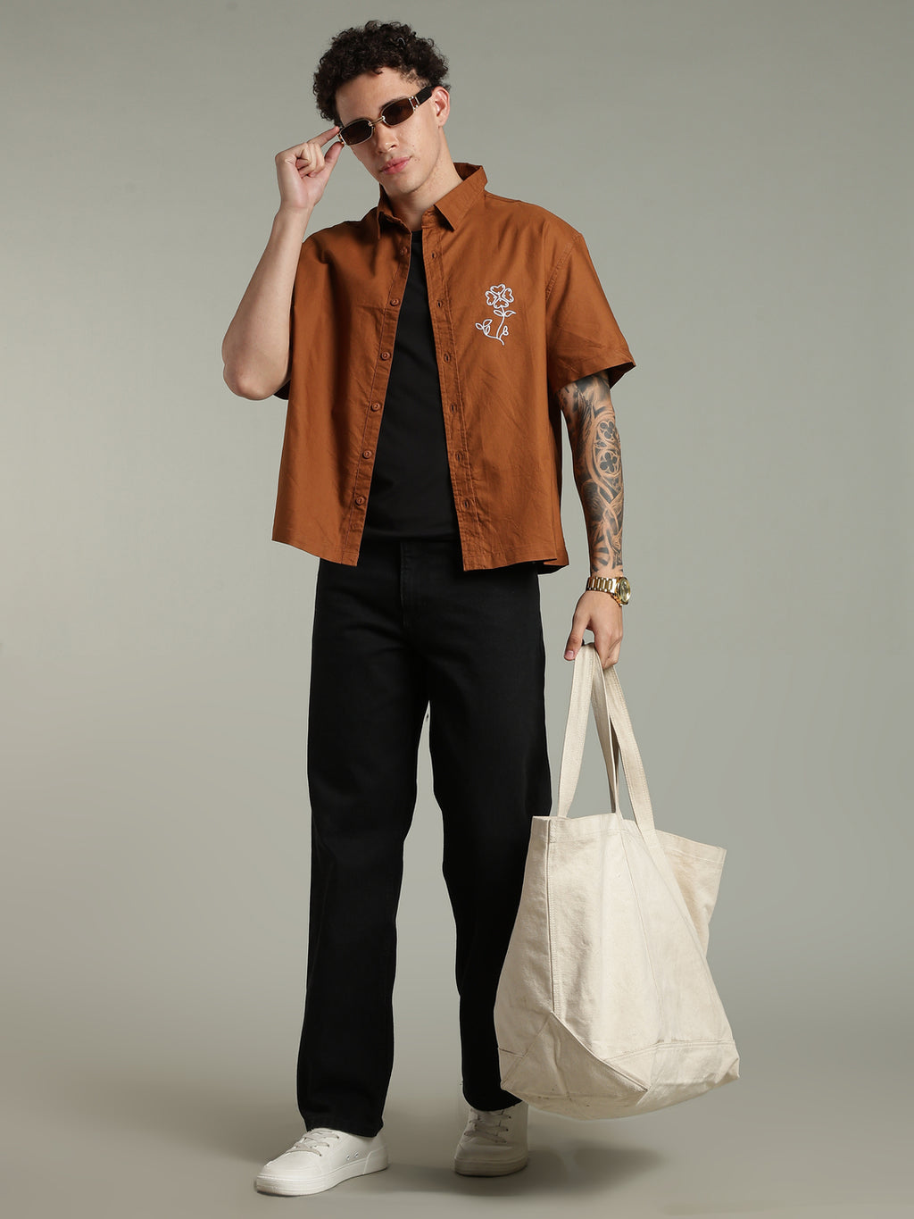 Brown Boxy Fit Floral Embroidered Shirt