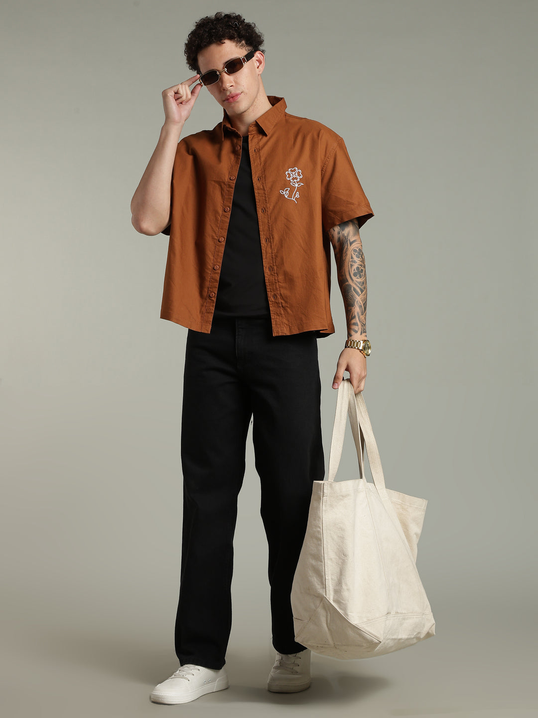 Brown Boxy Fit Floral Embroidered Shirt