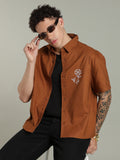 Brown Boxy Fit Floral Embroidered Shirt