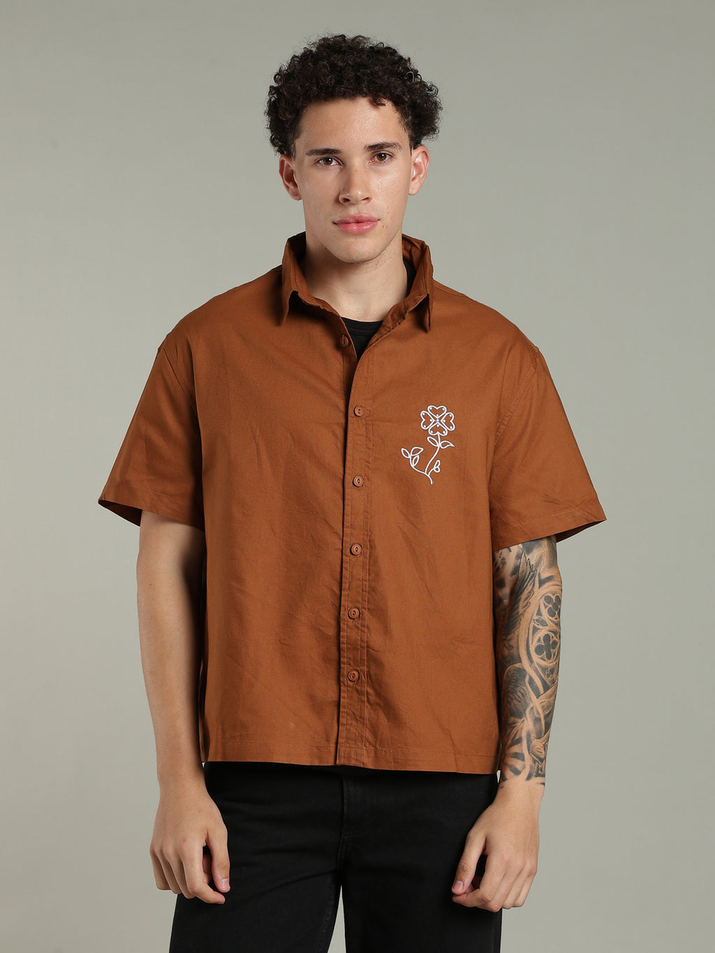 Brown Boxy Fit Floral Embroidered Shirt