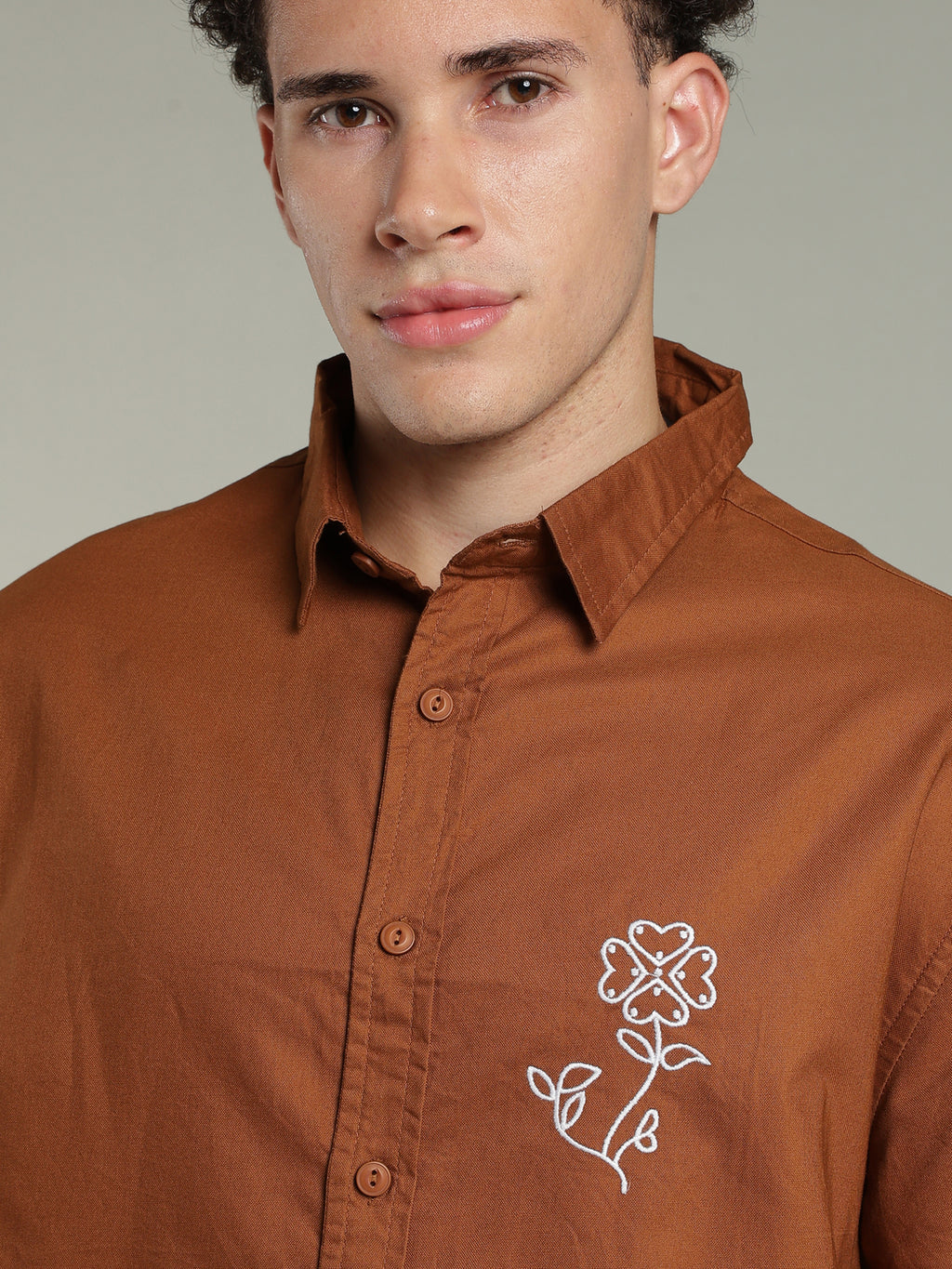 Brown Boxy Fit Floral Embroidered Shirt