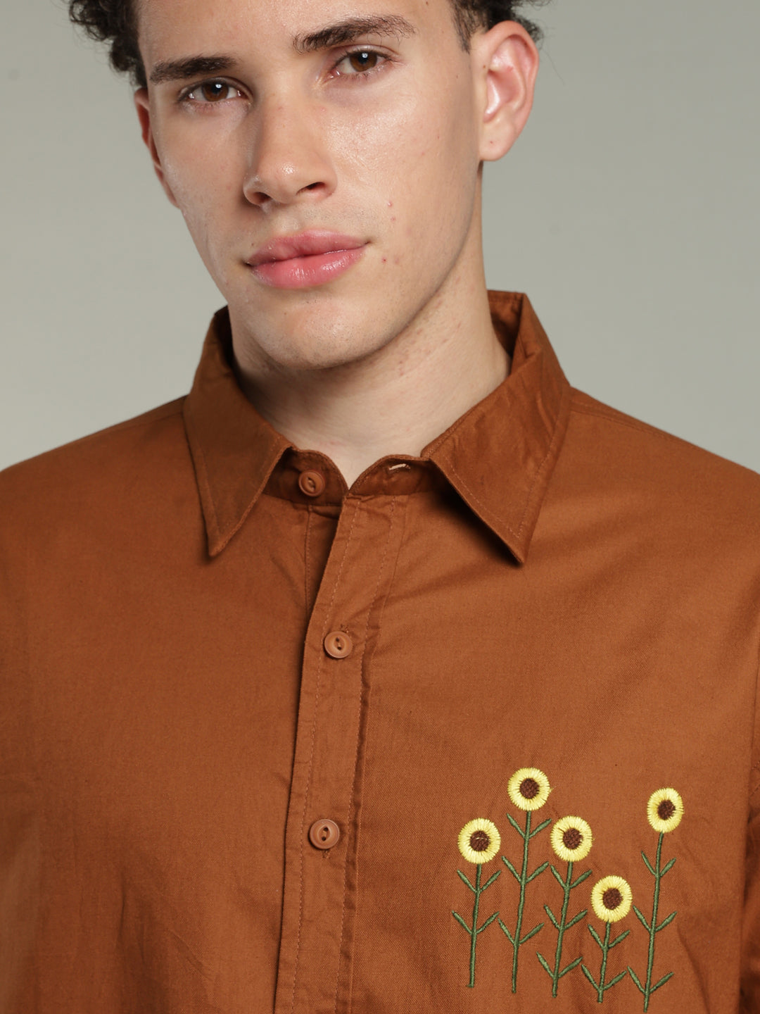 Brown Relaxed Fit Floral Embroidered Shirt