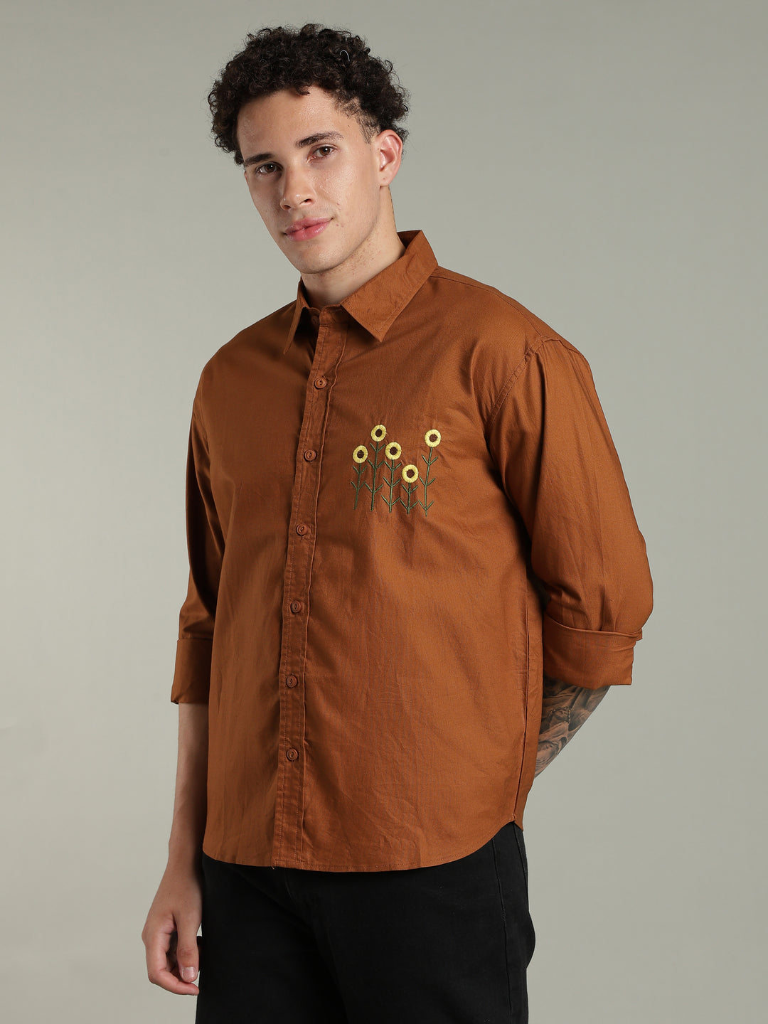 Brown Relaxed Fit Floral Embroidered Shirt