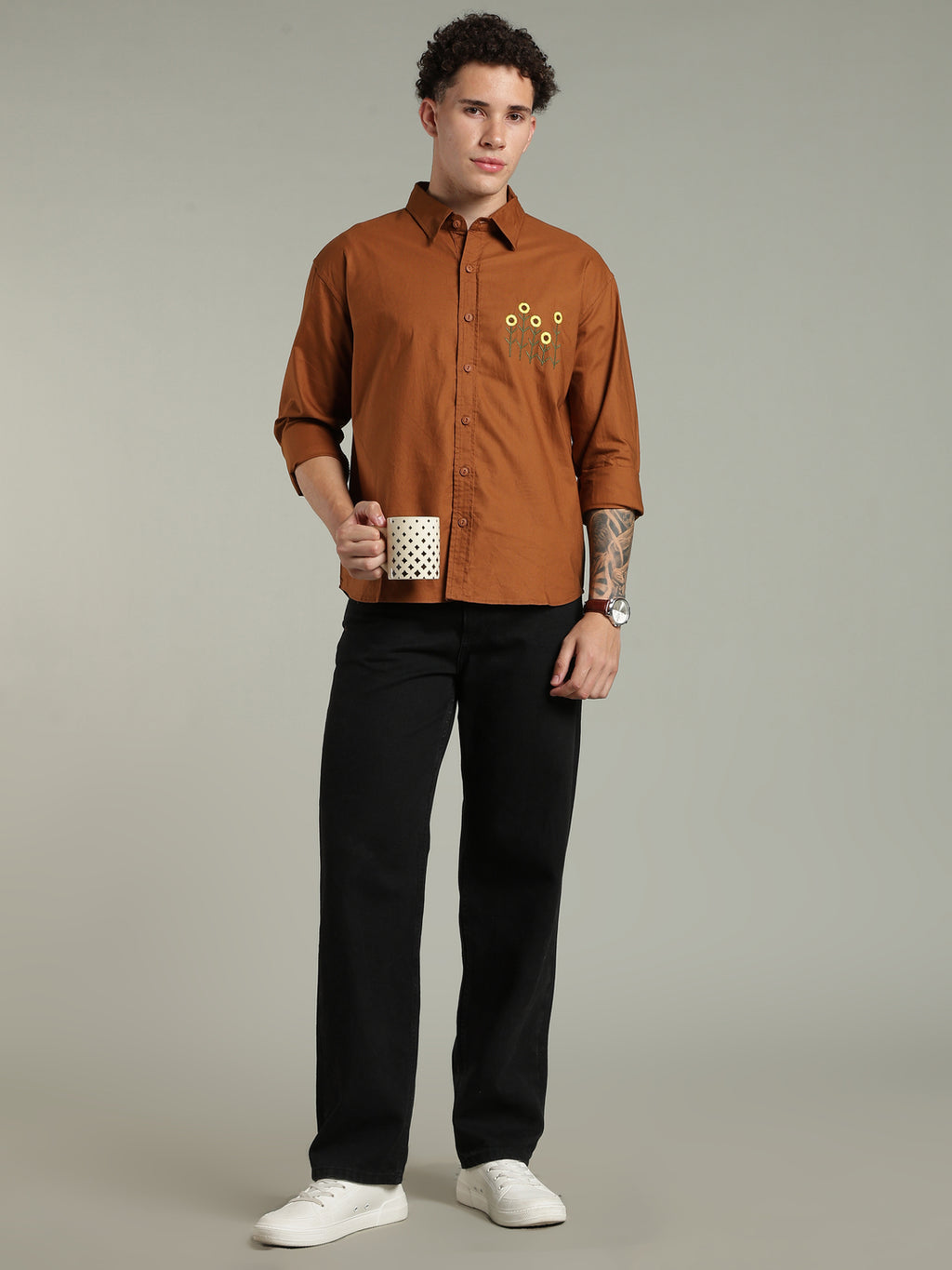 Brown Relaxed Fit Floral Embroidered Shirt