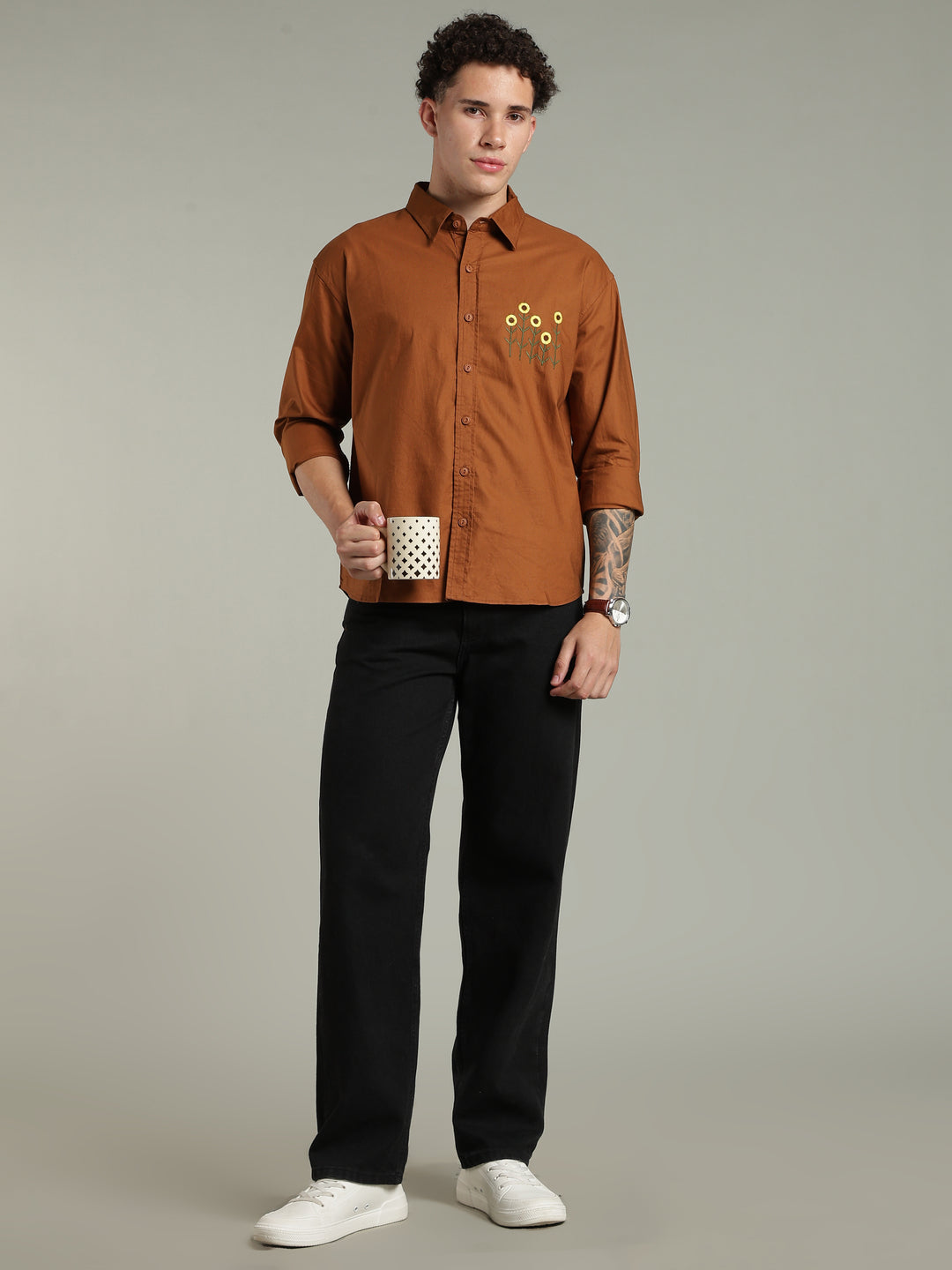 Brown Relaxed Fit Floral Embroidered Shirt