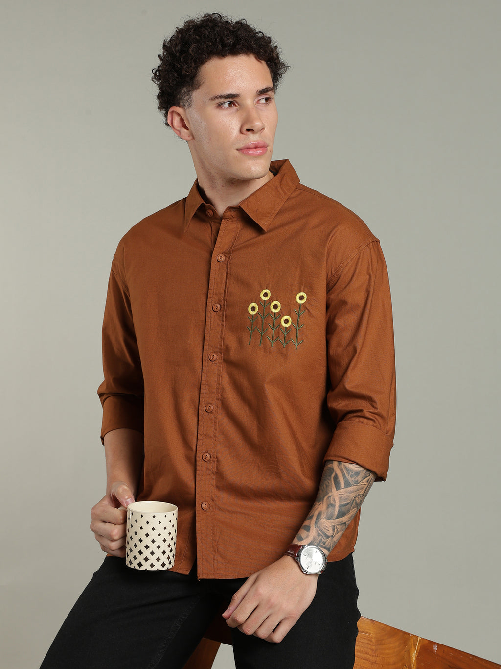 Brown Relaxed Fit Floral Embroidered Shirt