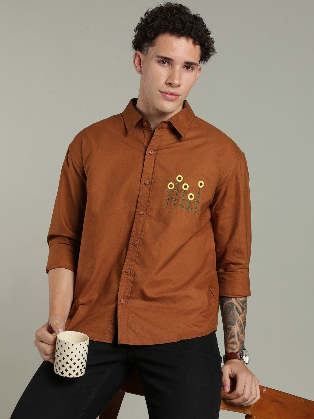 Brown Relaxed Fit Floral Embroidered Shirt