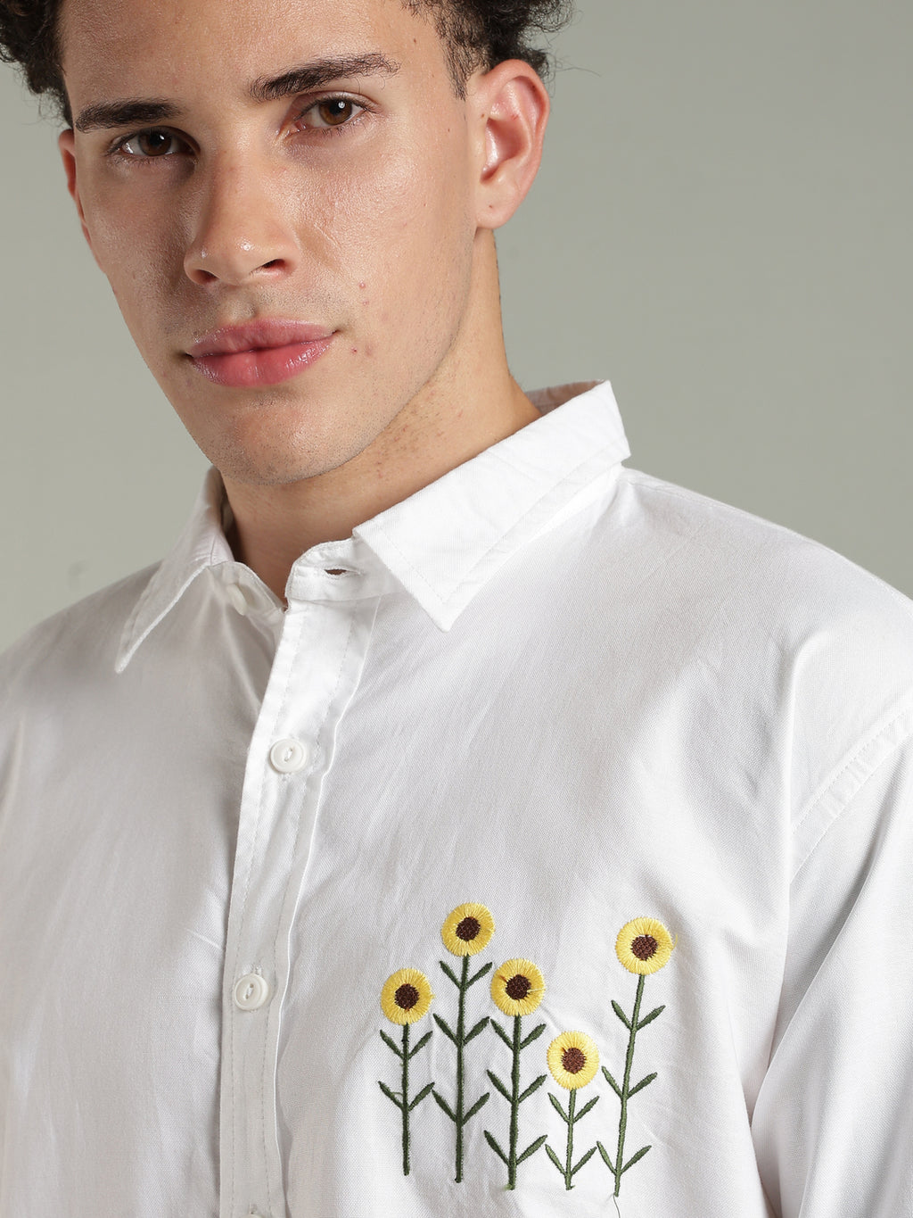 White Relaxed Fit Floral Embroidered Shirt