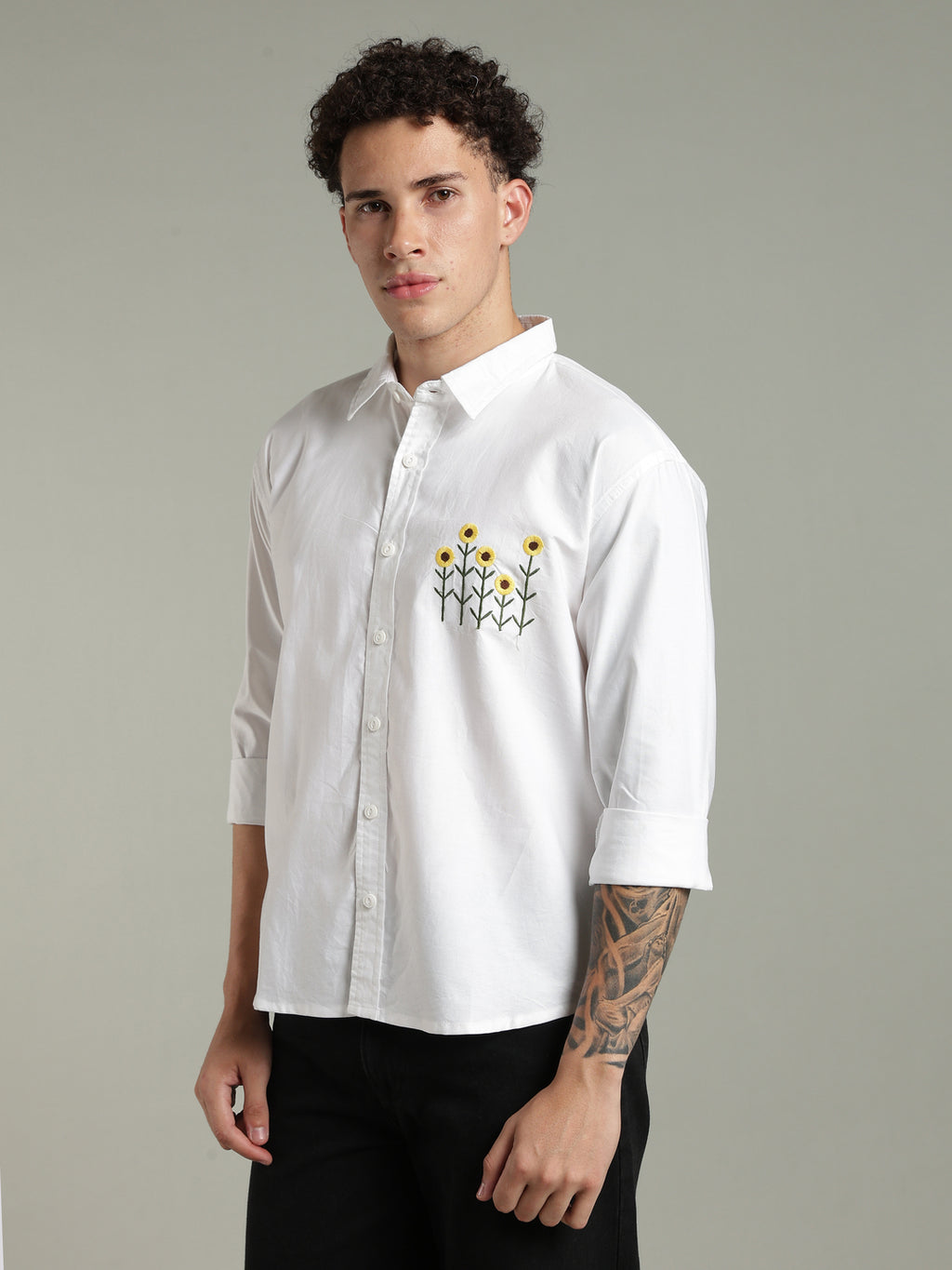 White Relaxed Fit Floral Embroidered Shirt