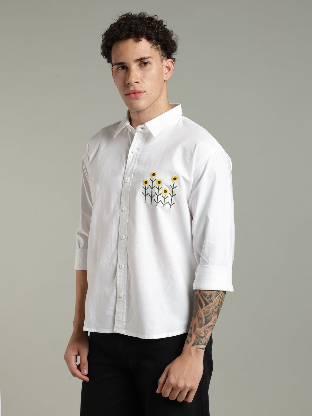 White Relaxed Fit Floral Embroidered Shirt