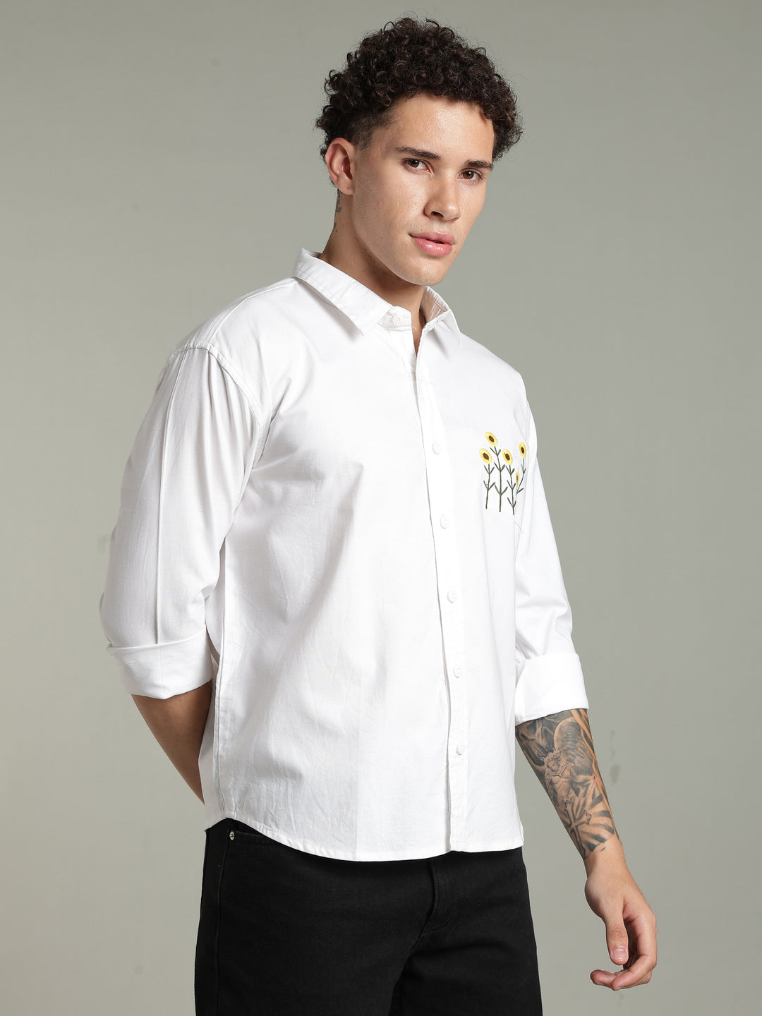 White Relaxed Fit Floral Embroidered Shirt