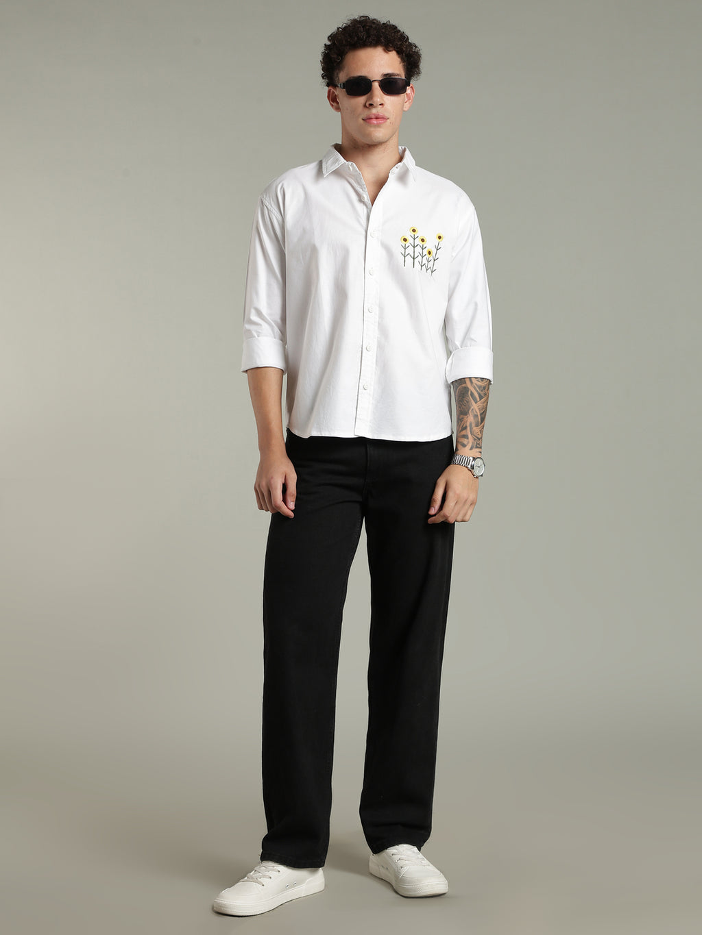 White Relaxed Fit Floral Embroidered Shirt