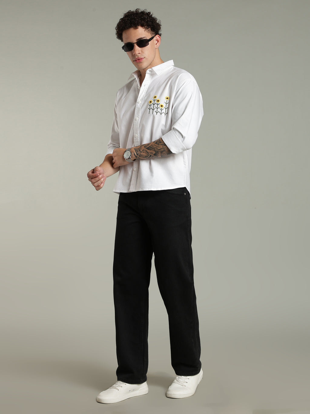 White Relaxed Fit Floral Embroidered Shirt