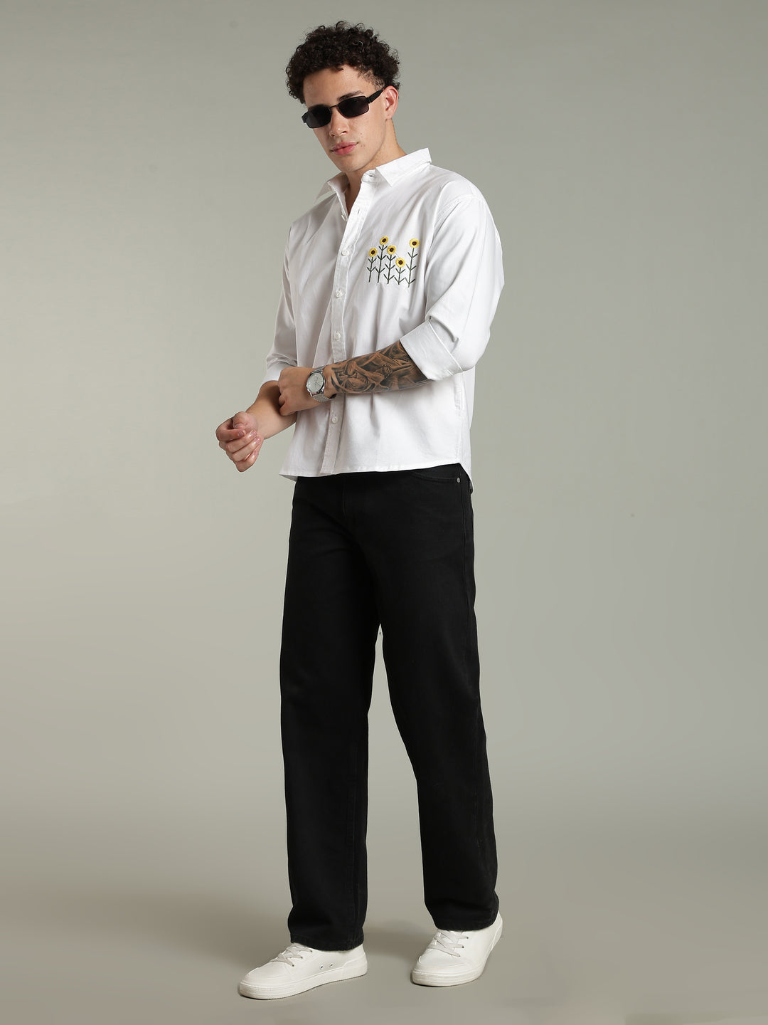White Relaxed Fit Floral Embroidered Shirt