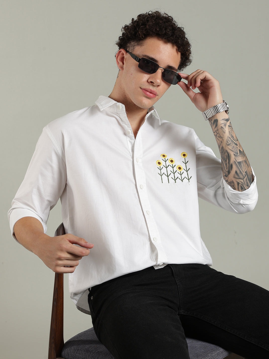 White Relaxed Fit Floral Embroidered Shirt