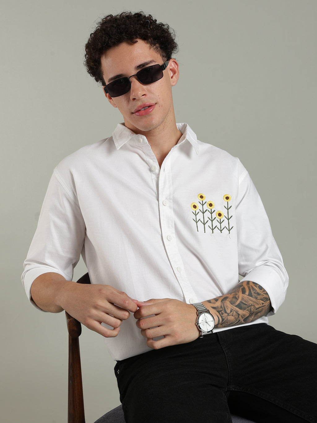 White Relaxed Fit Floral Embroidered Shirt