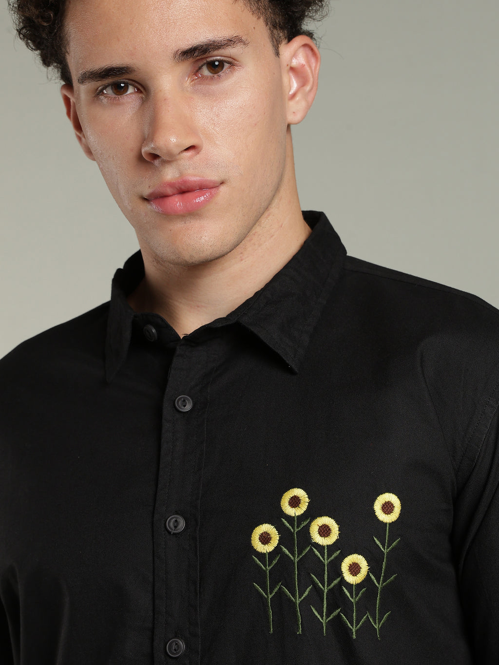 Black Relaxed Fit Floral Embroidered Shirt