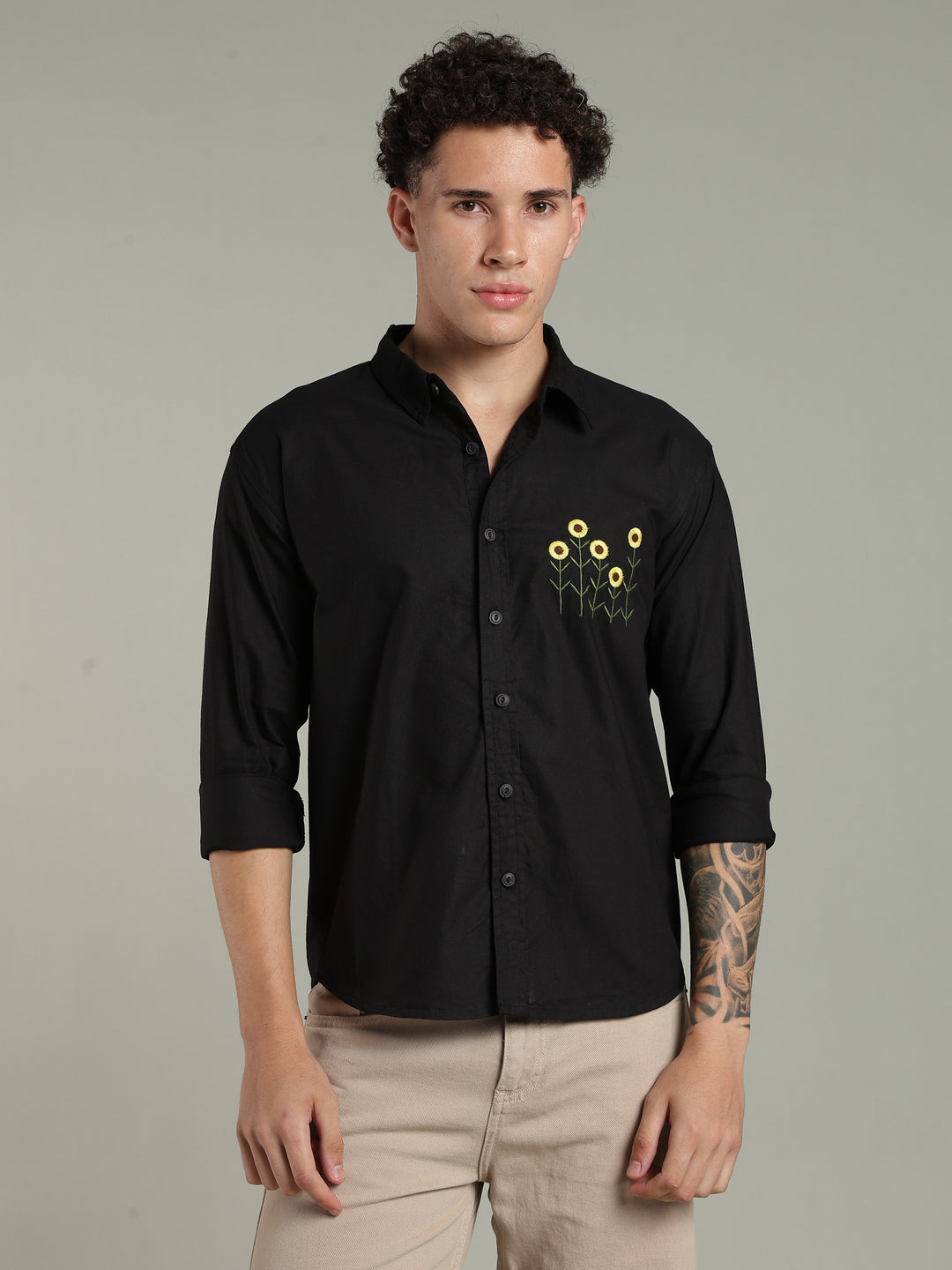 Black Relaxed Fit Floral Embroidered Shirt